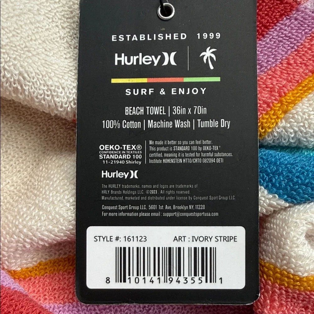 NWT Hurley Multicolor Striped Towel size is 36 x 70